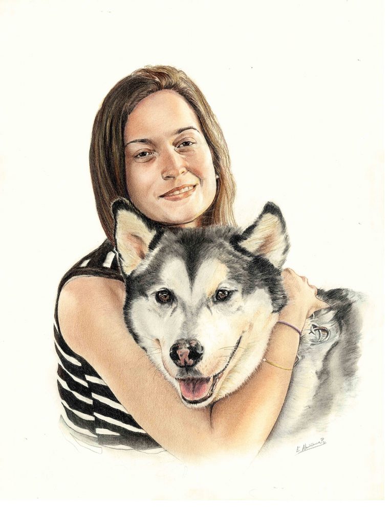 Retrato a lápiz chica y mascota. Retratos Acadia Estudio.
